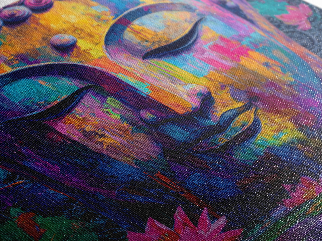 Colorful Buddha Lotus Wall Art, Spiritual Meditation Canvas Print, Boho Zen Decor, Psychedelic Abstract Painting