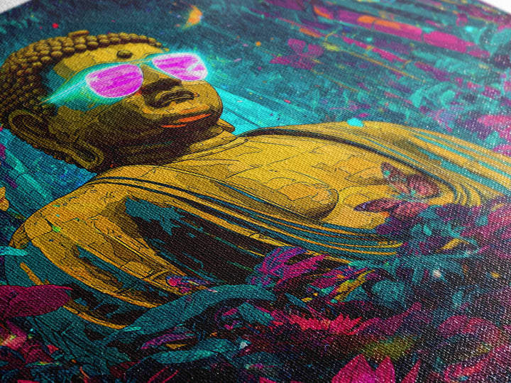 Neon Jungle Buddha With Butterflies Wall Art, Psychedelic Spiritual Canvas Print, Colorful Boho Home Decor