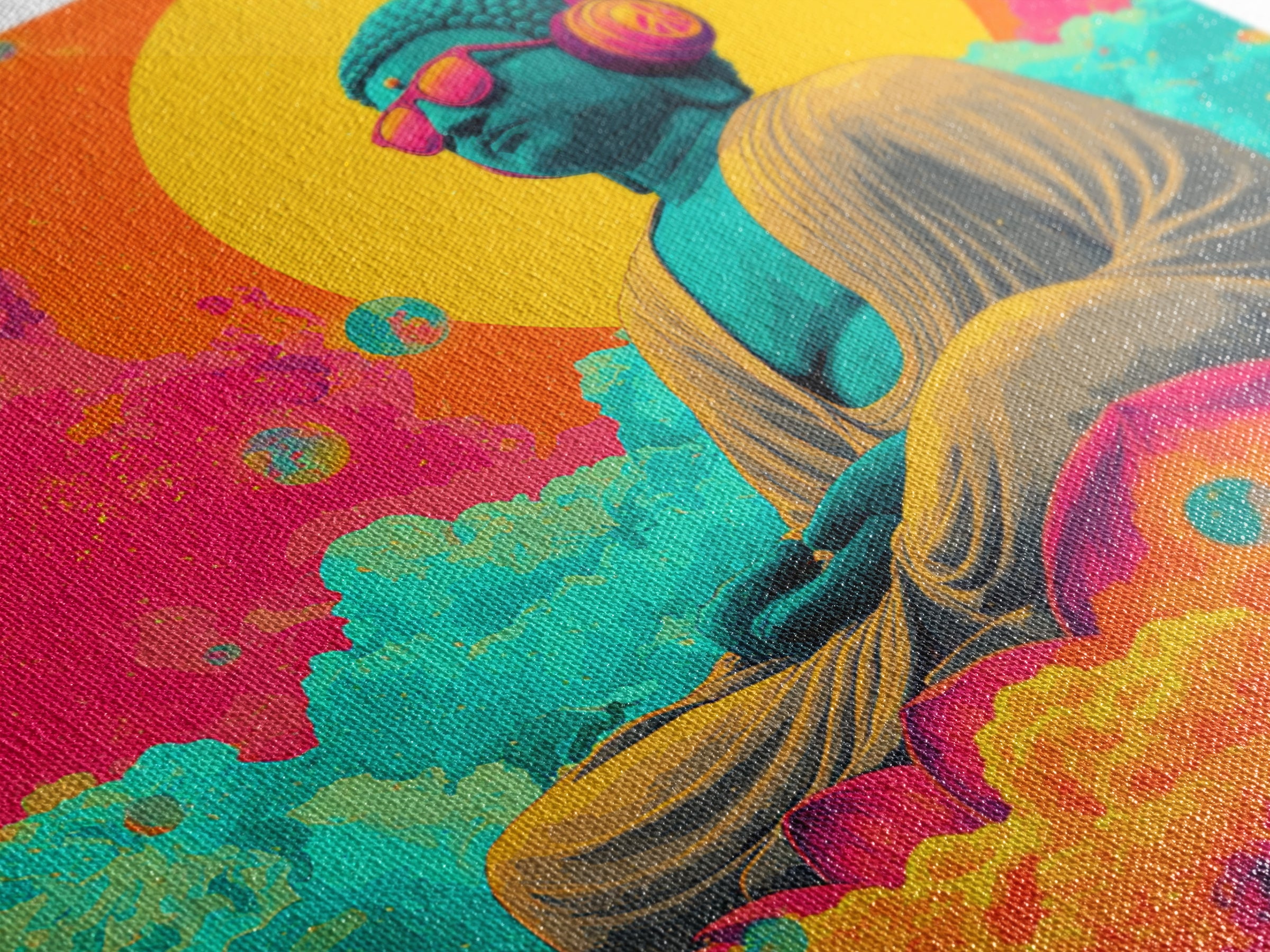 Psychedelic Buddha With Headphones Wall Art Canvas Print Colorful Spiritual Zen Decor Meditation Art