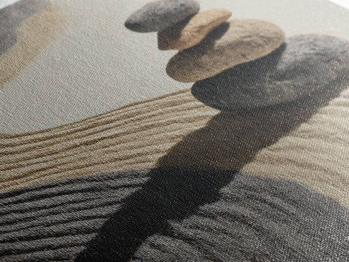 Zen Stones In Raked Sand Minimalist Wall Art, Neutral Abstract Canvas Print For Calming Modern Home Decor Living Room