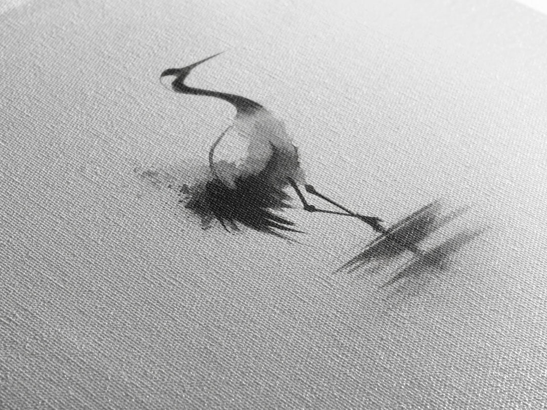 Minimal Japanese Crane Ink Wall Art, Black And White Bird Painting Canvas Print, Zen Nature Decor For Modern Home