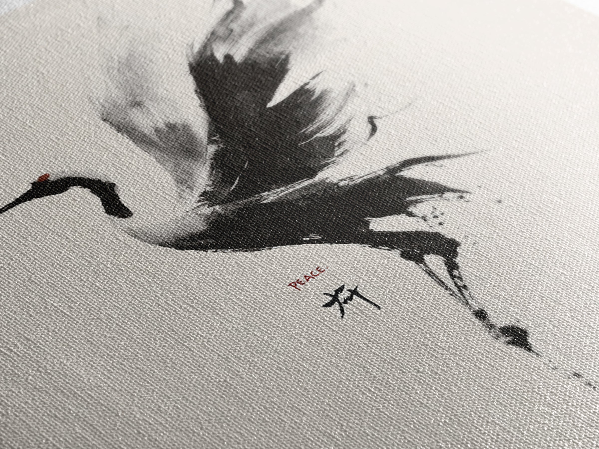 Japanese Ink Crane Bird Wall Art, Minimal Black And White Animal Canvas Print, Zen Japandi Home Decor