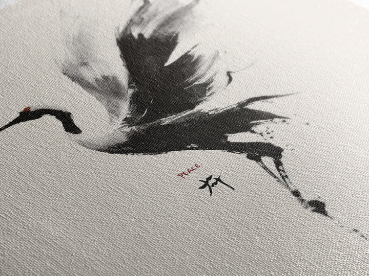 Japanese Ink Crane Bird Wall Art, Minimal Black And White Animal Canvas Print, Zen Japandi Home Decor