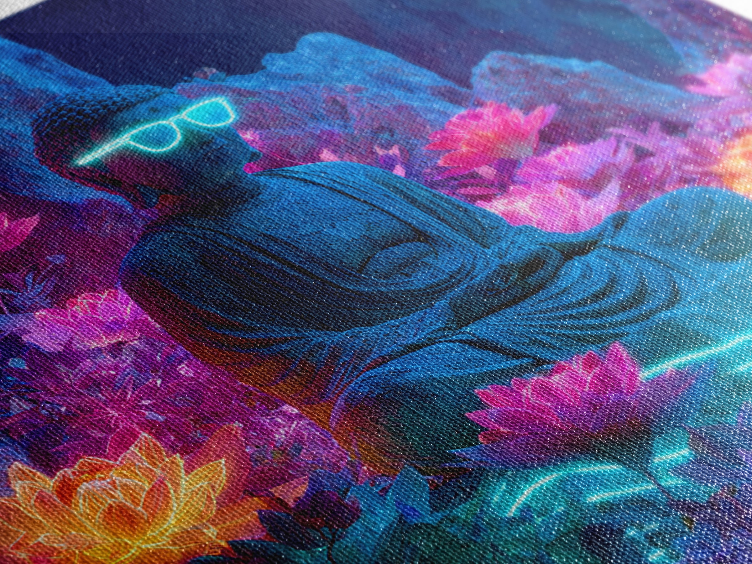 Neon Buddha Lotus Garden Canvas Print, Glowing Meditation Wall Art, Psychedelic Spiritual Decor For Yoga Room Or Boho Home