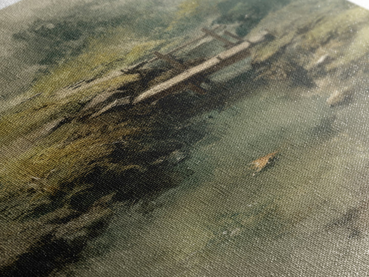 Misty Creek With Wooden Footbridge Watercolor Landscape Wall Art, Soft Nature Painting Print, Calming Home Decor Bedroom Art