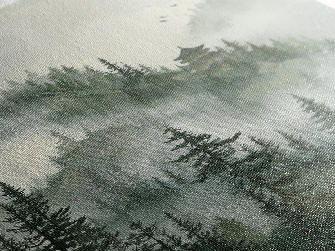 Misty Pine Forest With Distant Temple Painting Wall Art, Tranquil Mountain Landscape Print, Zen Japandi Nature Decor