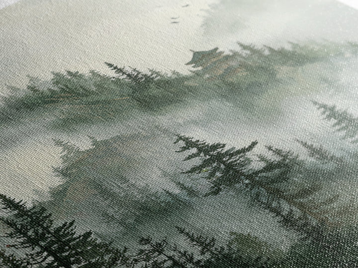 Misty Pine Forest With Distant Temple Painting Wall Art, Tranquil Mountain Landscape Print, Zen Japandi Nature Decor