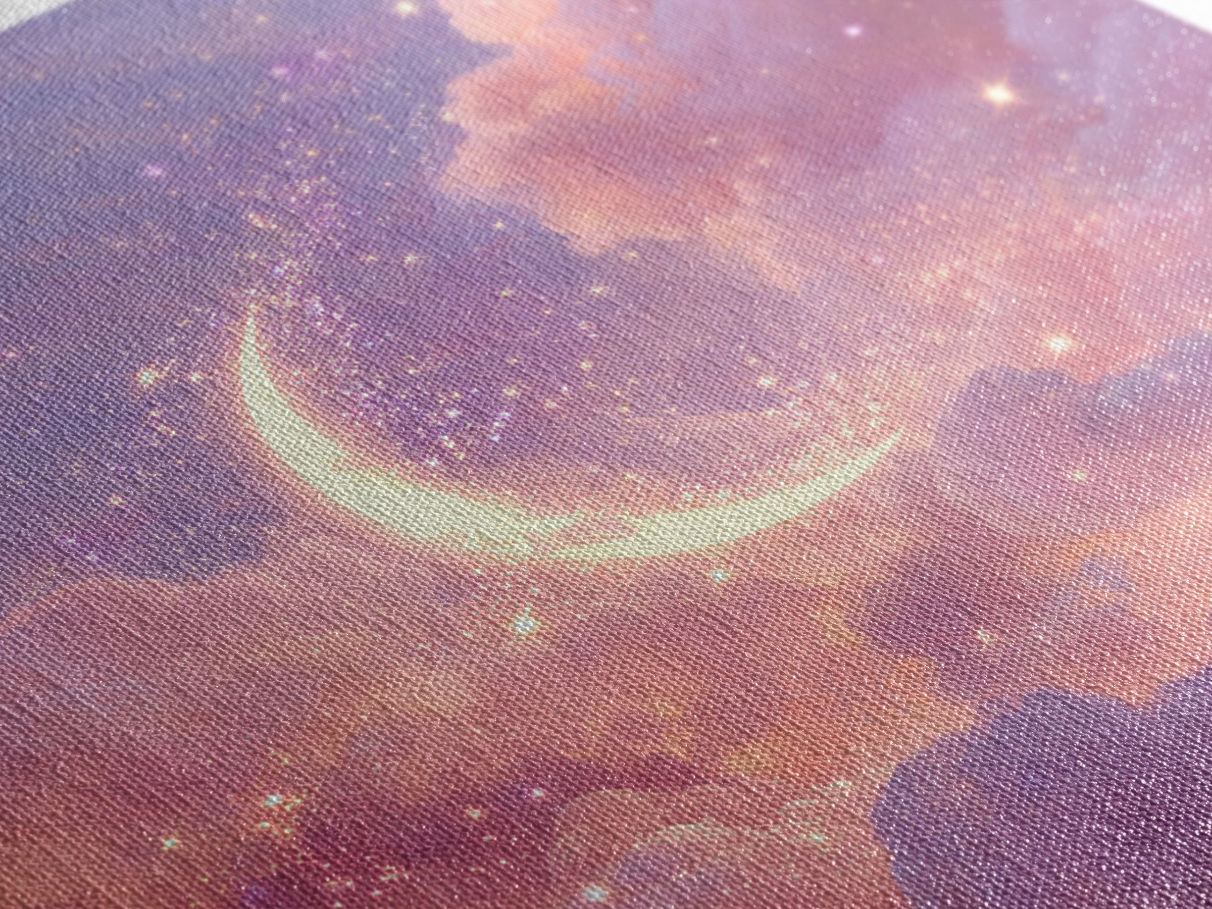 Glowing Crescent Moon In Pink Clouds Wall Art, Celestial Nursery Decor, Dreamy Space Art Print, Whimsical Bedroom Decor Gift