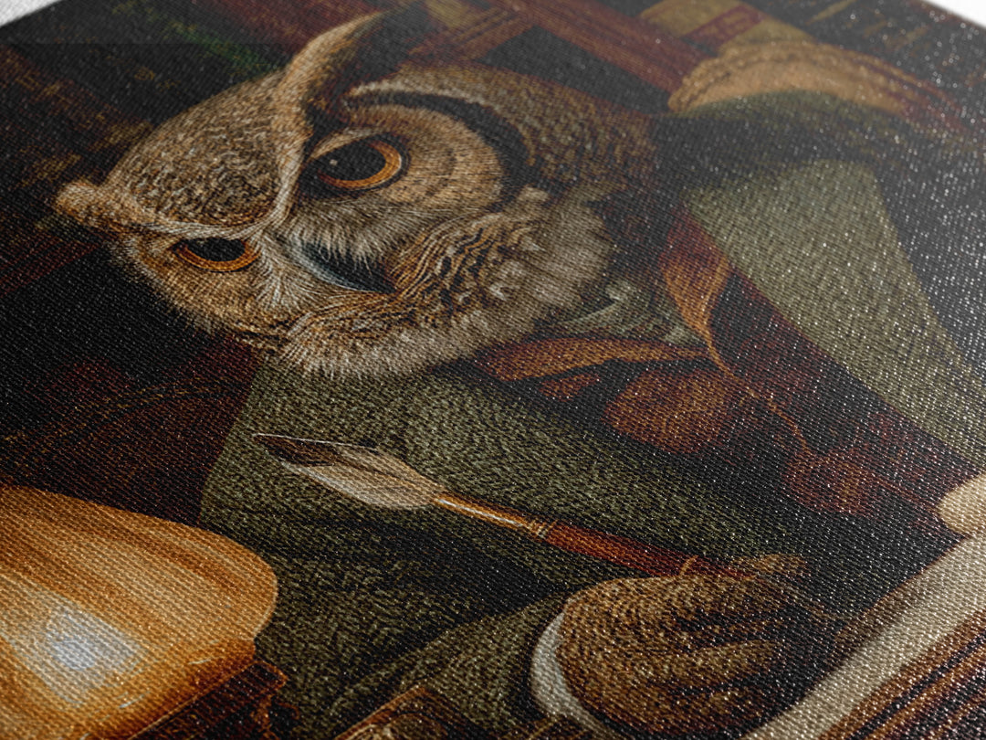 Scholar Owl In Antique Library Canvas Print, Whimsical Animal Wall Art, Dark Academia Office Decor, Book Lover Gift For Readers