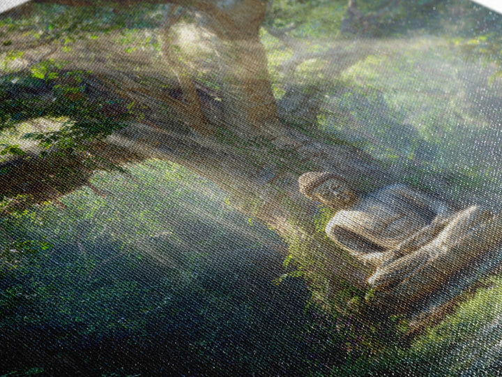 Serene Forest Buddha Statue Under Sacred Tree Wall Art Spiritual Nature Canvas Print Zen Meditation Room Decor Calming Artwork