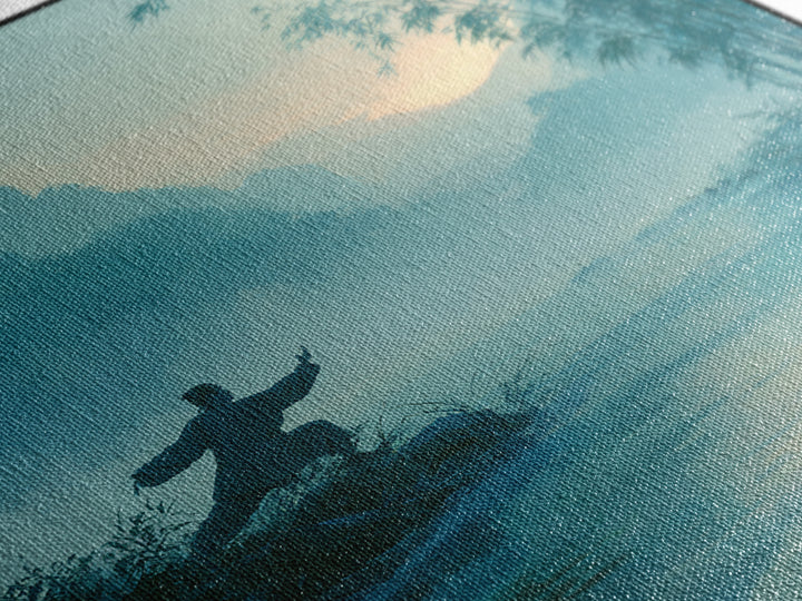 Martial Artist By Misty River At Sunrise Wall Art, Serene Zen Landscape Canvas Print, Calming Nature Home Decor Painting