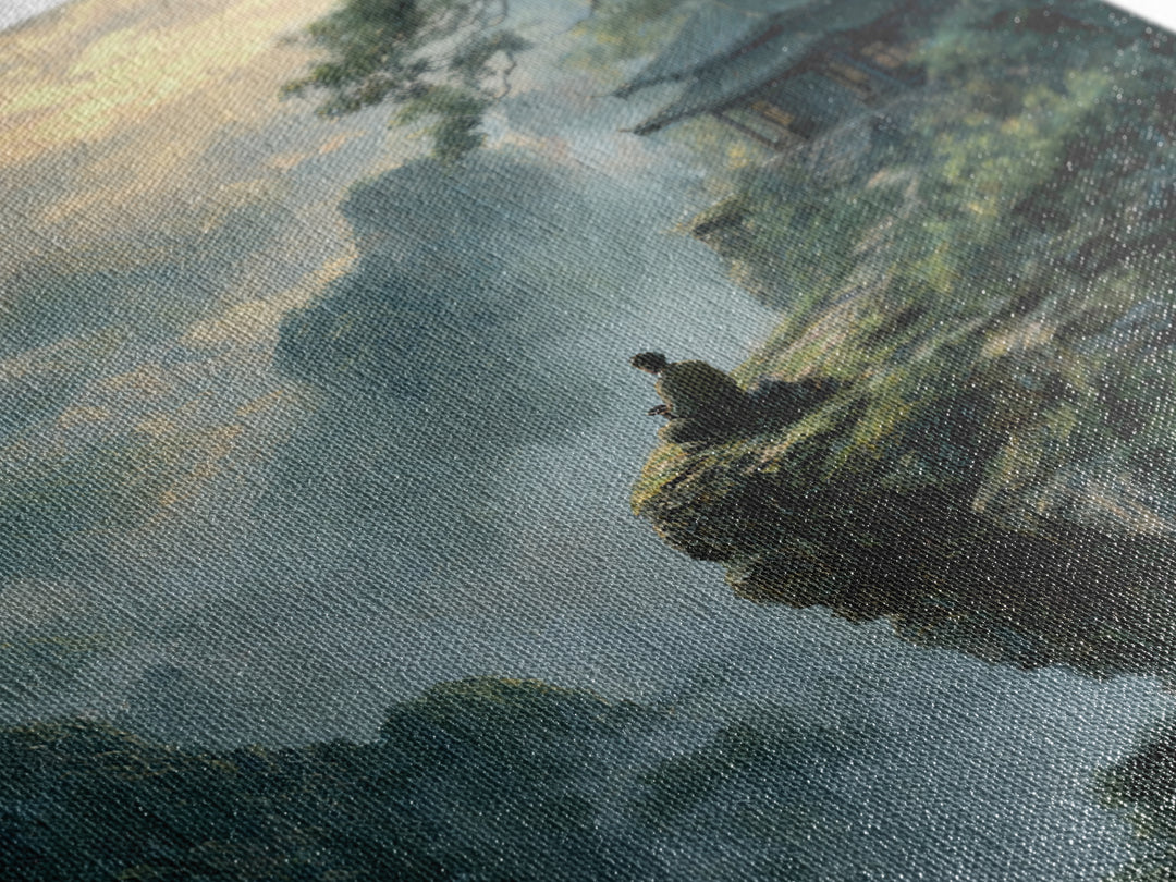 Zen Monk On Mountain Cliff Landscape Wall Art, Meditative Nature Canvas Print, Japanese Style Calming Home Decor