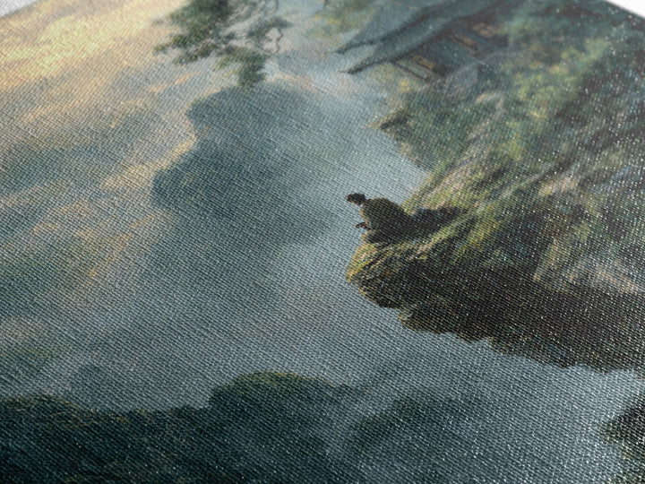 Zen Monk On Mountain Cliff Landscape Wall Art, Meditative Nature Canvas Print, Japanese Style Calming Home Decor