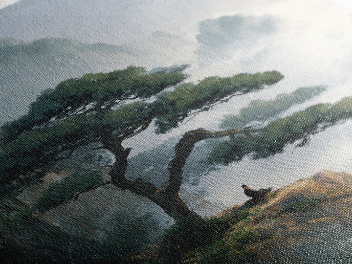 Zen Mountain Meditation Landscape Wall Art, Serene Nature Painting, Calming Japandi Style Canvas Print For Home Decor