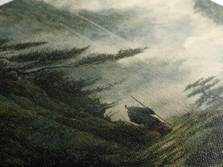 Misty Mountain Path Wanderer Wall Art, Tranquil Fantasy Landscape Painting Print, Zen Nature Home Decor Canvas Print