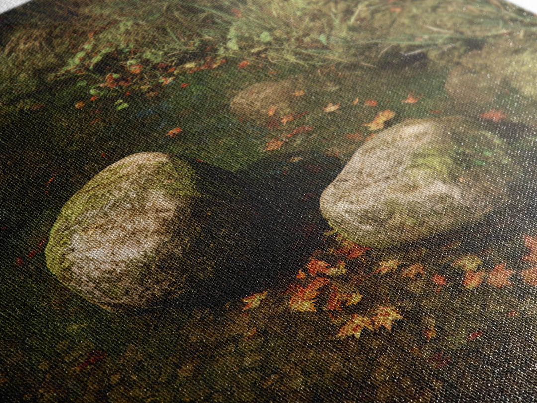 Zen River Stones With Autumn Leaves Wall Art, Tranquil Nature Landscape Canvas Print, Minimalist Forest Creek Decor For Spa Or Bedroom