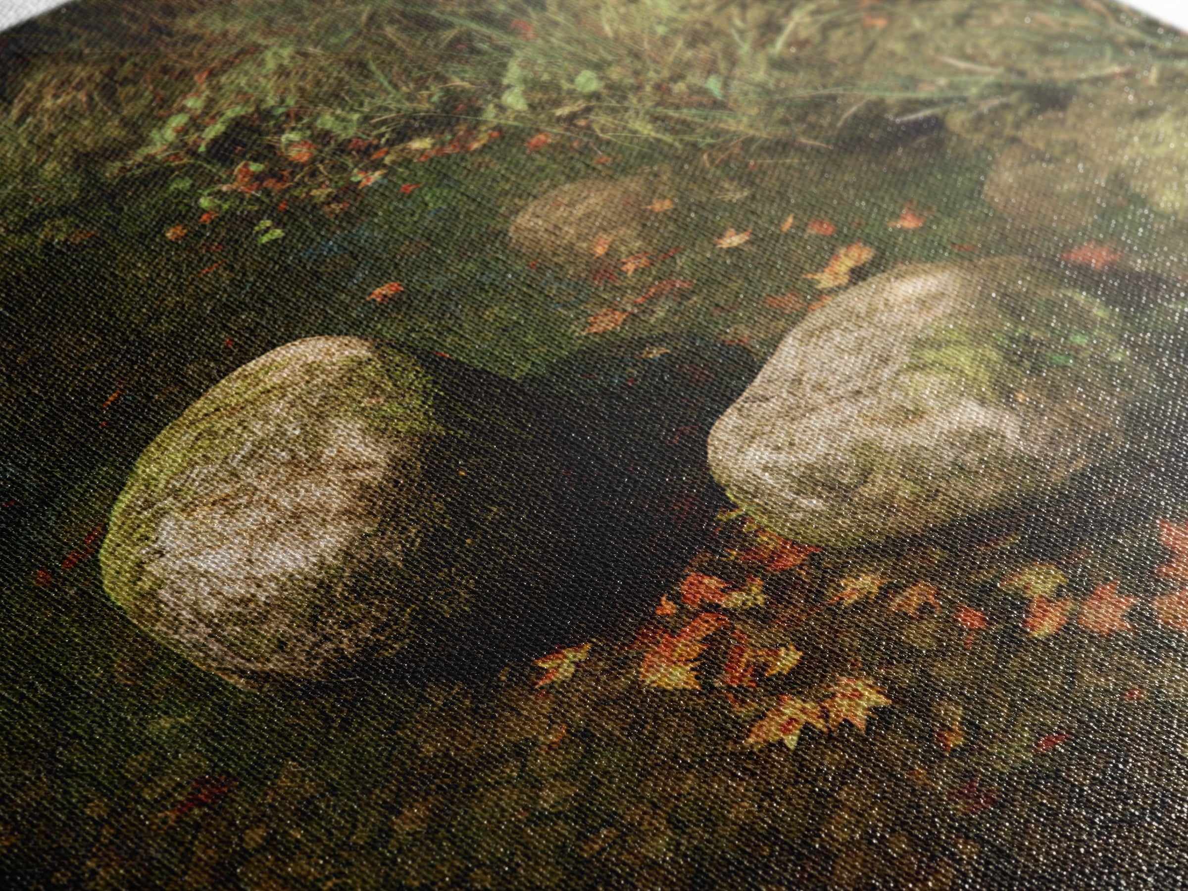 Zen River Stones With Autumn Leaves Wall Art, Tranquil Nature Landscape Canvas Print, Minimalist Forest Creek Decor For Spa Or Bedroom
