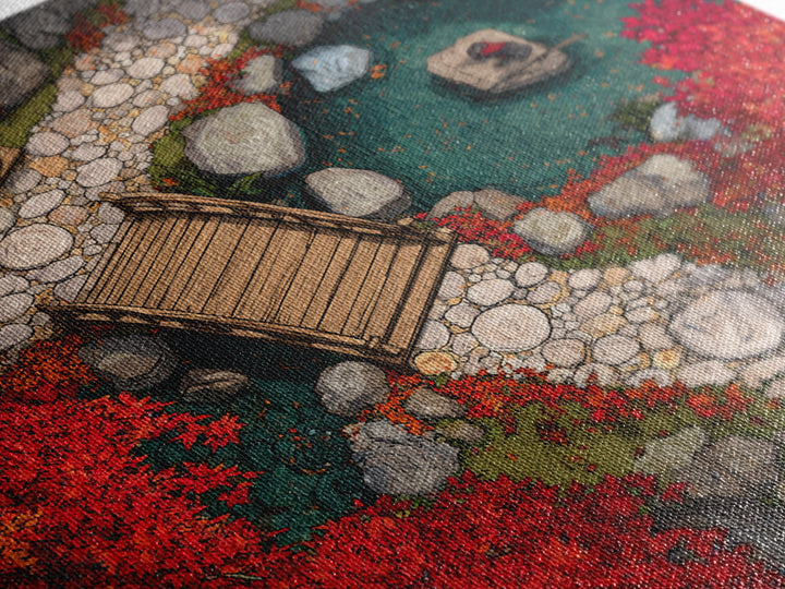 Autumn Japanese Garden Bridge Aerial Landscape Wall Art, Red Maple Trees Zen Pathway Canvas Print