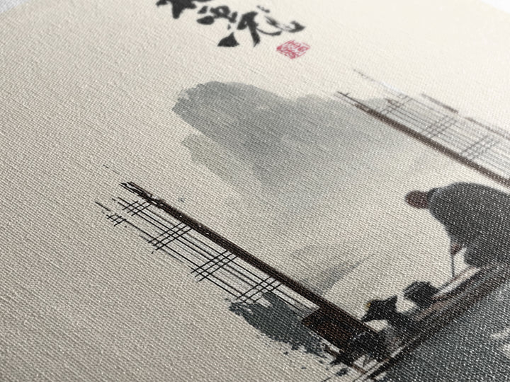 Zen Monk By Mountain Lake Wall Art, Minimalist Japanese Landscape Canvas Print, Calming Neutral Home Decor