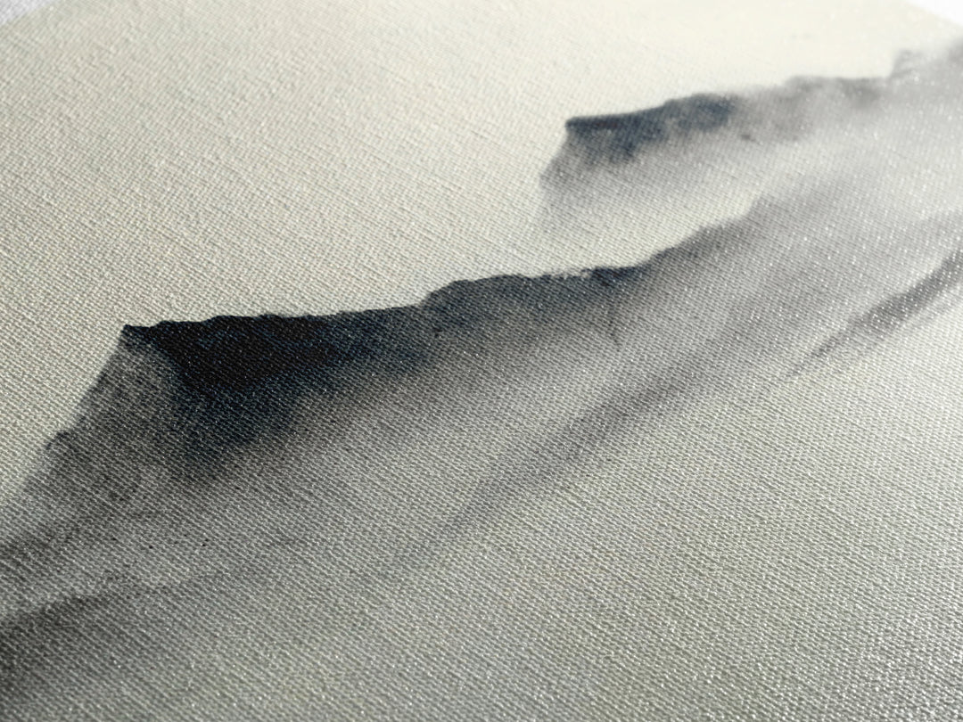 Minimal Misty Mountain Landscape Wall Art, Black And White Ink Painting Print, Serene Japandi Decor For Modern Bedroom Or Office