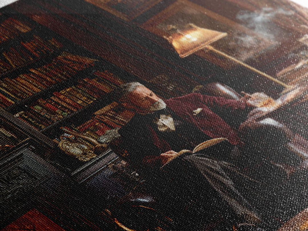Elegant Gentleman Reading By Fireplace Framed Canvas Print, Dark Academia Library Wall Art, Old World Office Decor Gift For Him