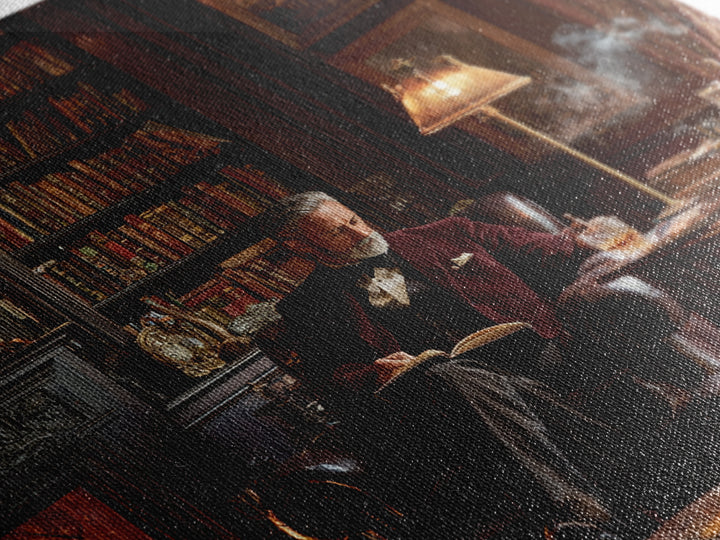 Elegant Gentleman Reading By Fireplace Framed Canvas Print, Dark Academia Library Wall Art, Old World Office Decor Gift For Him