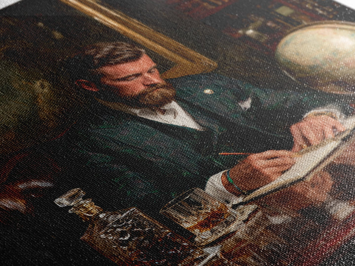 Bearded Gentleman Journaling In Moody Library Framed Canvas Print, Dark Academia Wall Art, Office Decor, Gift For Him, Masculine Decor