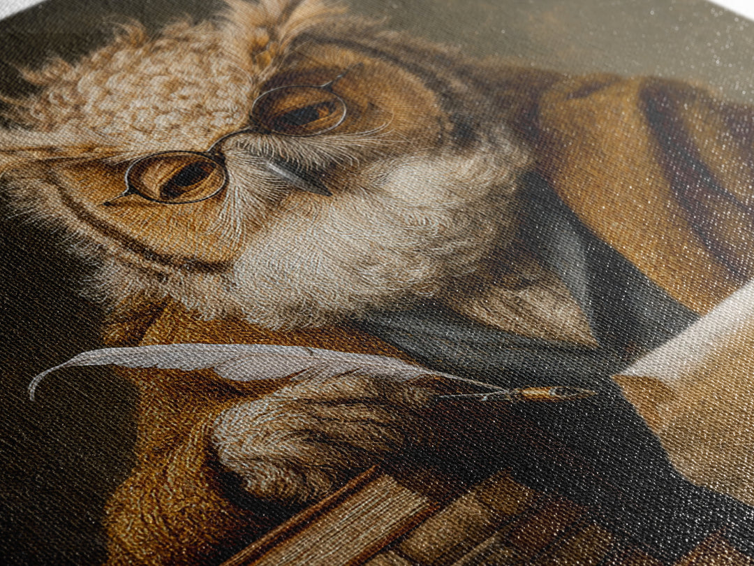 Whimsical Owl Scholar With Quill And Books Wall Art, Animal Portrait Canvas, Dark Academia Decor, Library Gift, Book Lover Gift