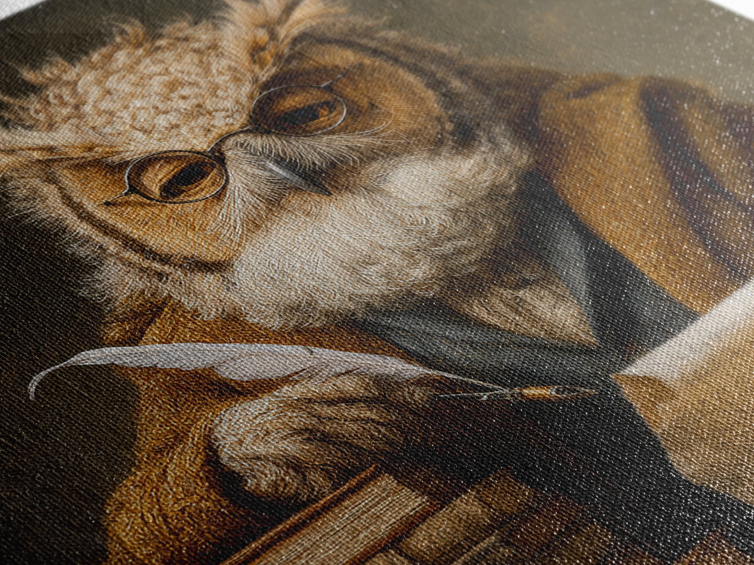 Whimsical Owl Scholar With Quill And Books Wall Art, Animal Portrait Canvas, Dark Academia Decor, Library Gift, Book Lover Gift