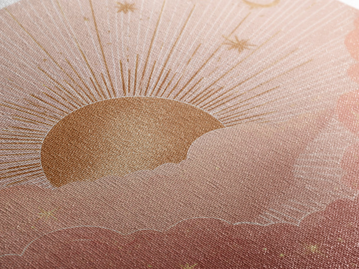 Boho Golden Sun Over Pink Clouds Wall Art, Celestial Sun And Moon Print, Warm Neutral Nursery Decor, Above Bed Decor Gift
