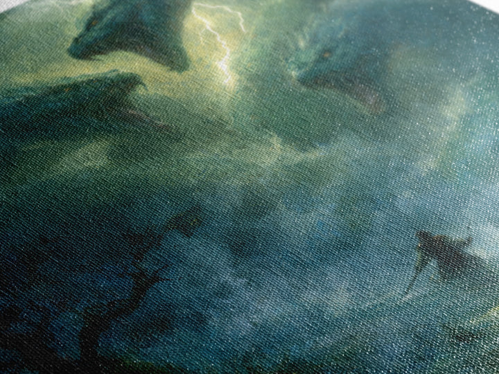 Three Headed Sea Serpent Storm Wall Art, Dark Fantasy Canvas Print, Mythical Creature Decor, Dragon Art Gift For Him, Epic Battle