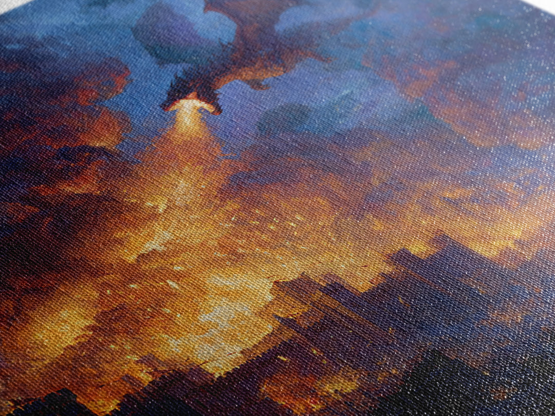 Fire Breathing Dragon Over Burning City Wall Art, Dark Fantasy Canvas Print, Medieval Castle Decor, Epic Gamer Gift For Him