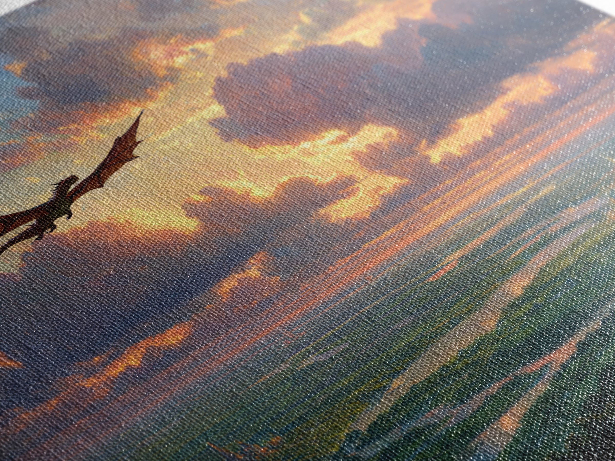 Soaring Dragon Sunset Valley Wall Art, Fantasy Landscape Canvas Print, Castle Kingdom Decor, Dreamy Adventure Artwork For Living Room