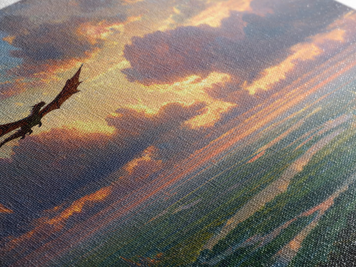 Soaring Dragon Sunset Valley Wall Art, Fantasy Landscape Canvas Print, Castle Kingdom Decor, Dreamy Adventure Artwork For Living Room