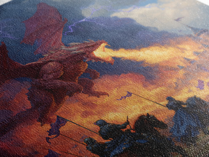 Red Dragon Castle Siege Wall Art, Epic Fantasy Framed Canvas Print, Medieval Battle Decor, Knight Adventure Game Room Artwork