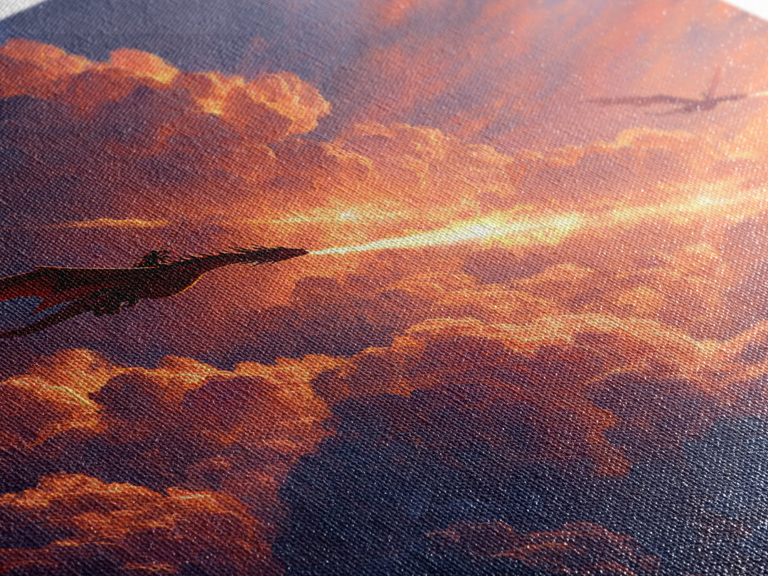 Dragons Blazing Through Sunset Clouds Wall Art, Fantasy Canvas Print, Fiery Sky Decor, Epic Mythical Adventure Artwork For Office