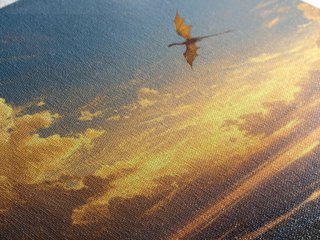 Lone Dragon Over Golden Horizon Wall Art, Fantasy Landscape Canvas Print, Sunset Castle Decor, Serene Coastal Artwork For Living Room