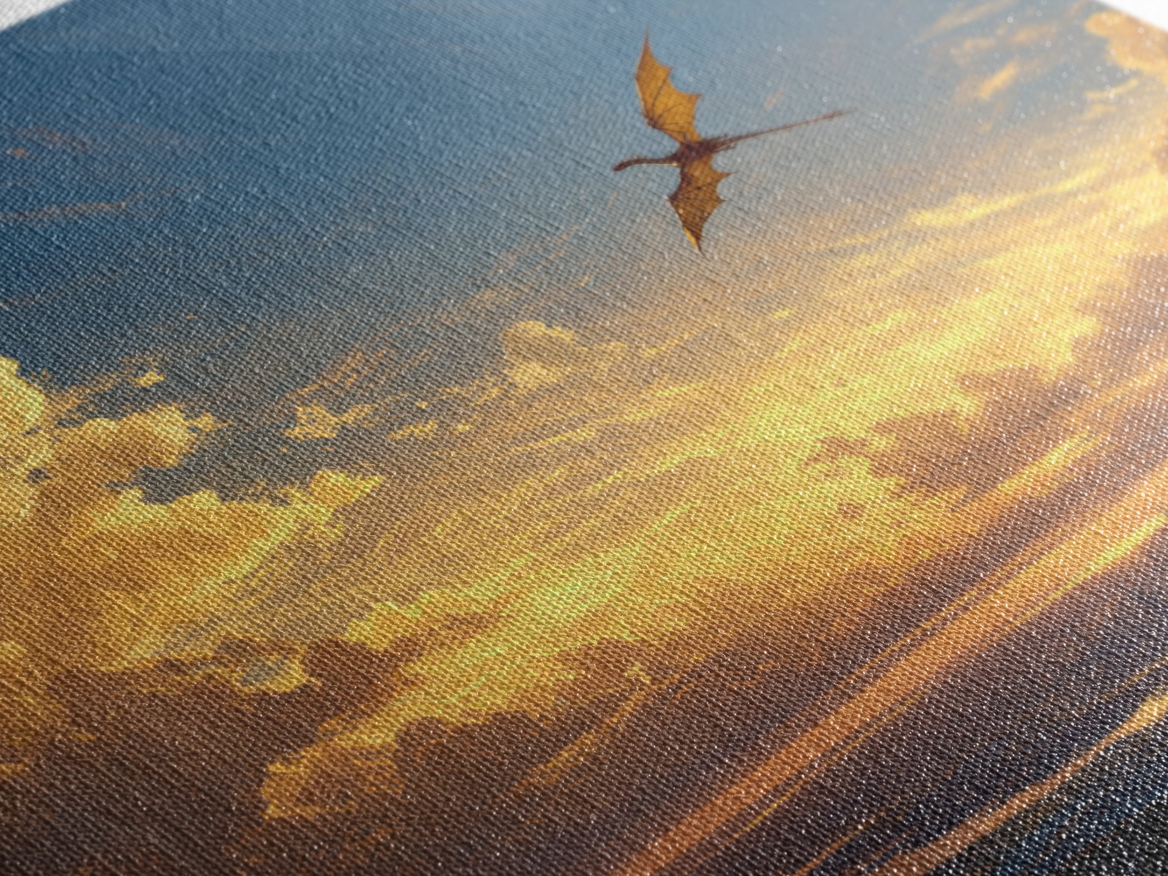 Lone Dragon Over Golden Horizon Wall Art, Fantasy Landscape Canvas Print, Sunset Castle Decor, Serene Coastal Artwork For Living Room
