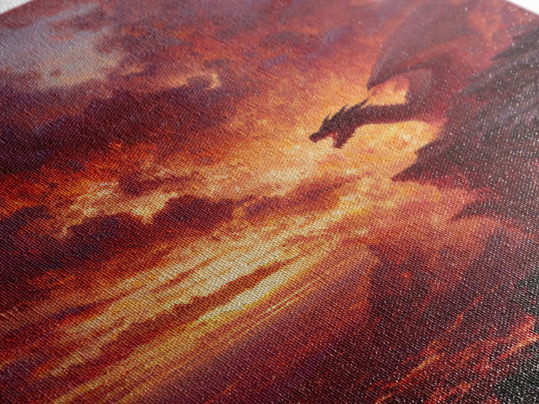 Red Dragon At Volcanic Sunset Wall Art, Dark Fantasy Canvas Print, Lava Landscape Decor, Large Moody Gamer Room Gift For Him