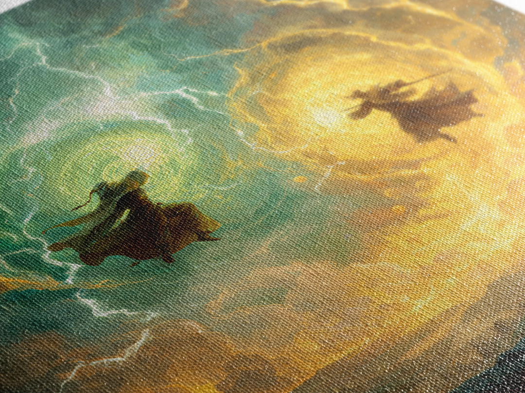 Dueling Mages With Lightning Portals Wall Art, Epic Fantasy Canvas Print, Magical Landscape Decor, Large Gamer Room Gift For Him