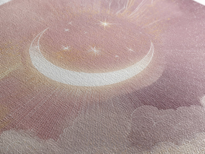 Crescent Moon In Pink Clouds With Stars Wall Art, Celestial Nursery Decor, Mystical Pastel Bedroom Print, Boho Moon Gift