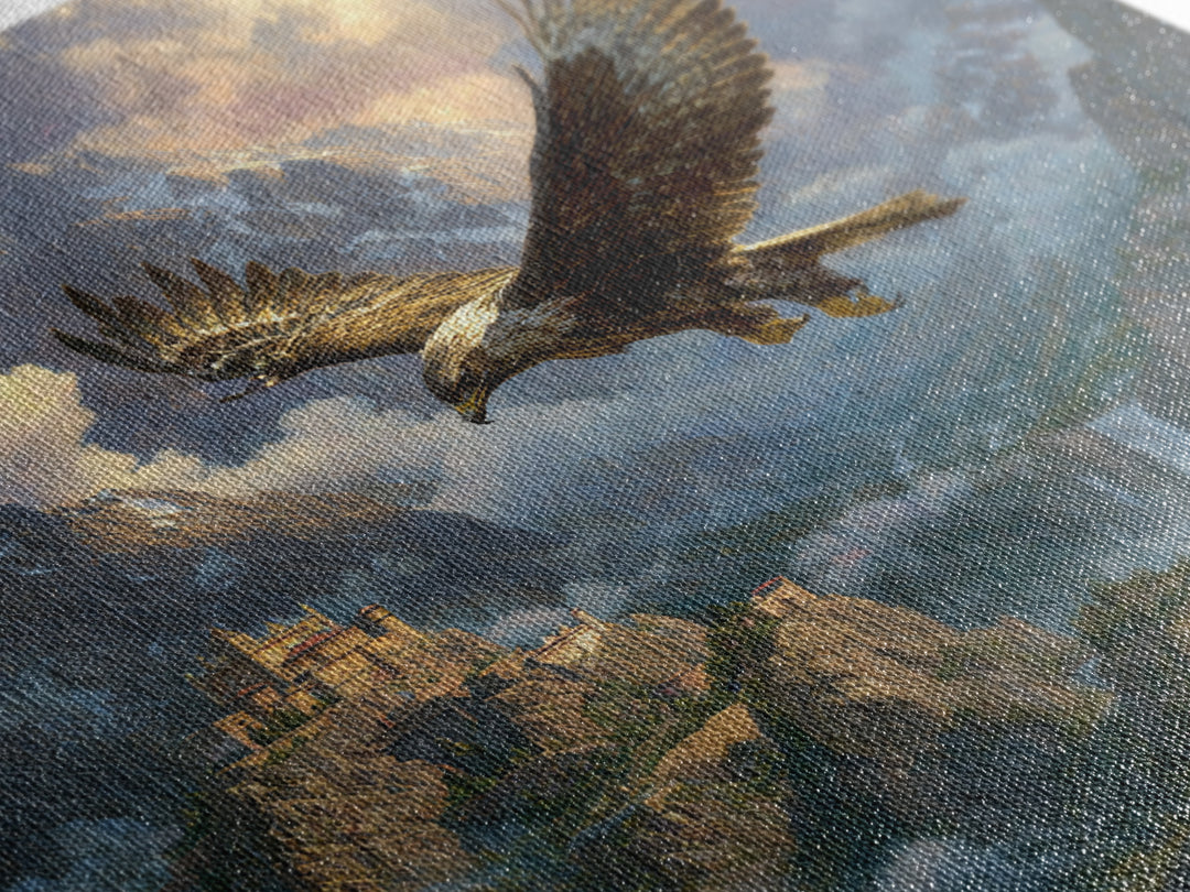 Soaring Eagle Over Stormy Mountain Castle Wall Art, Fantasy Landscape Canvas, Dramatic Wildlife Decor, Epic Gift For Him
