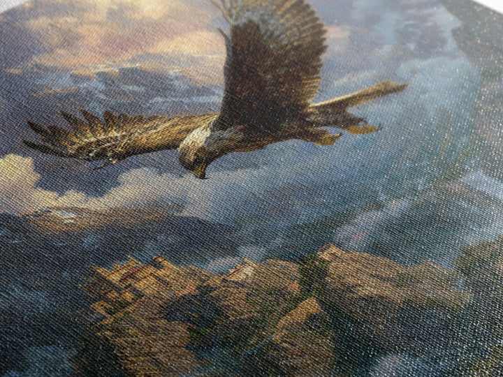 Soaring Eagle Over Stormy Mountain Castle Wall Art, Fantasy Landscape Canvas, Dramatic Wildlife Decor, Epic Gift For Him