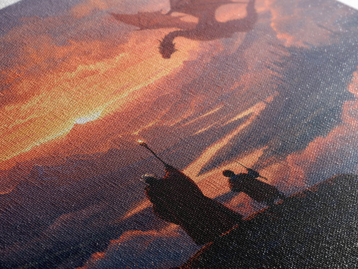 Sunset Dragon Over Mountain Valley Framed Canvas Print, Fantasy Castle Wall Art, Wizard Adventure Decor, Epic Gift For Him