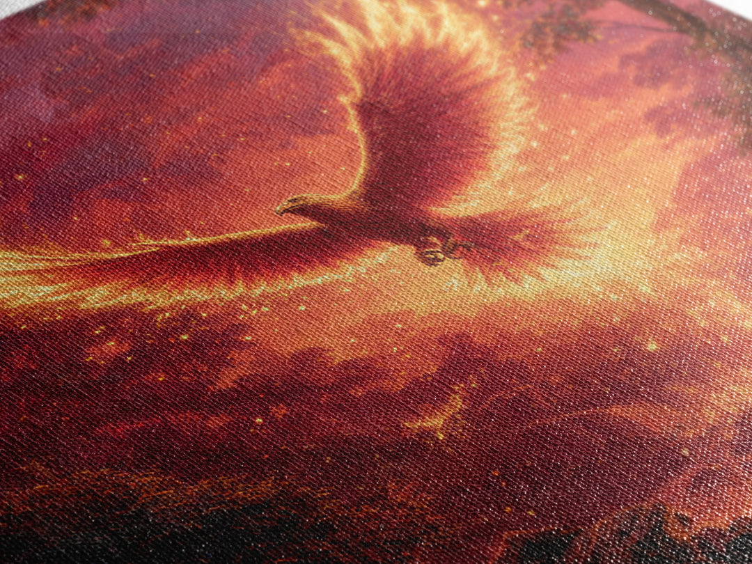 Fiery Phoenix Rising In Red Forest Canvas Print, Mythical Bird Wall Art, Epic Fantasy Wildlife Decor, Dramatic Gift For Her