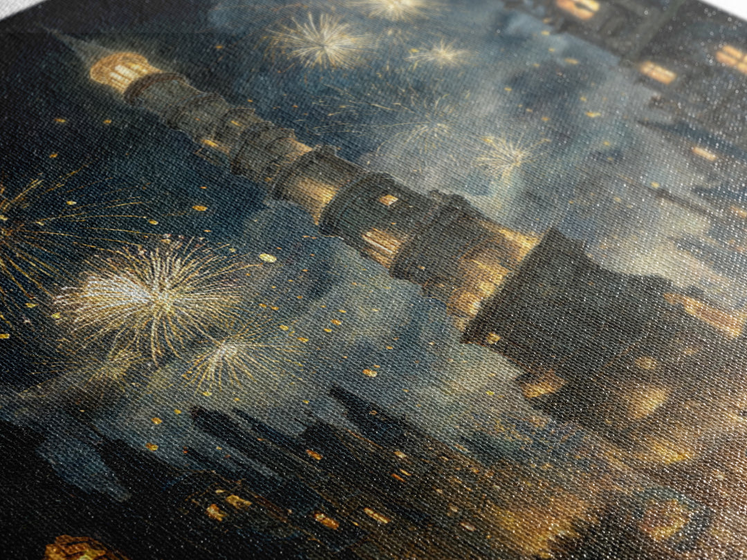 Fireworks Over Leaning Fantasy Tower Framed Canvas Print, Medieval Magical City Wall Art, Night Festival Decor, Gift For Her