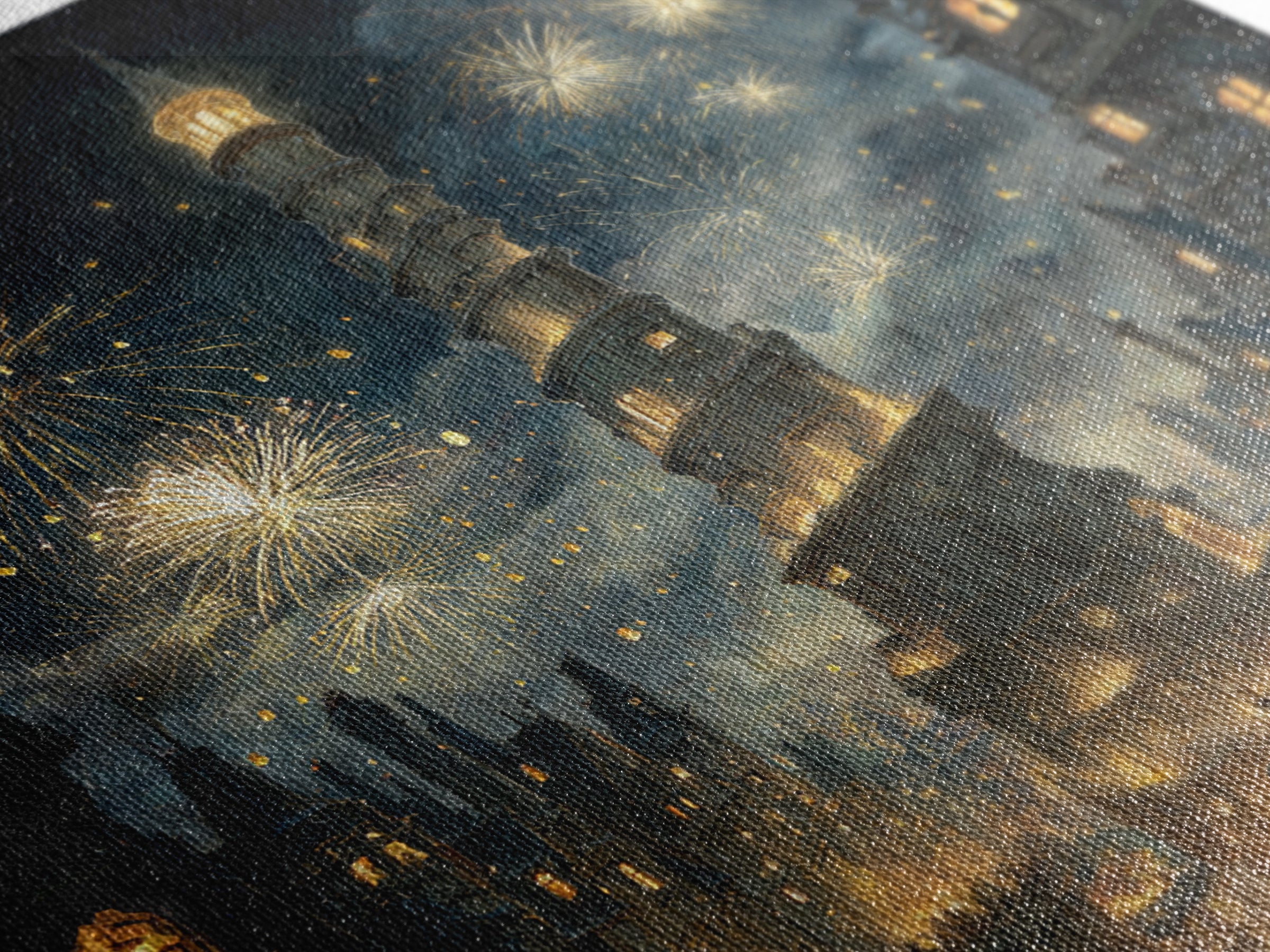 Fireworks Over Leaning Fantasy Tower Framed Canvas Print, Medieval Magical City Wall Art, Night Festival Decor, Gift For Her
