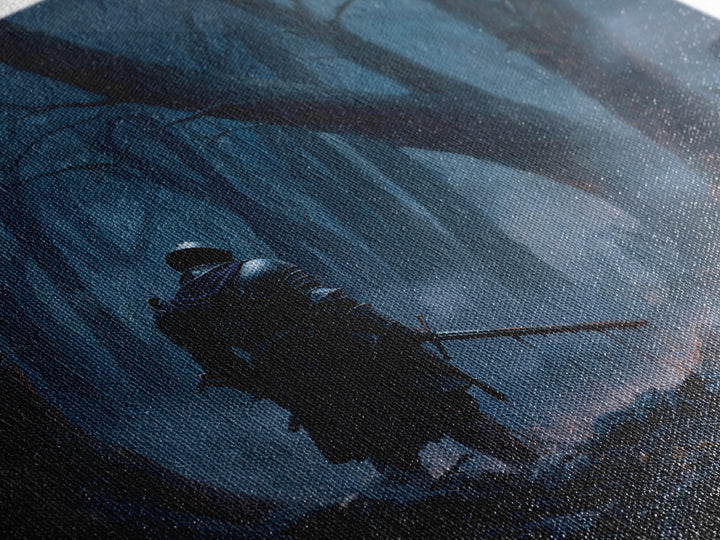Lone Knight In Misty Blue Forest Wall Art, Dark Fantasy Canvas Print, Medieval Warrior Decor, Gothic Office Art Print Gift