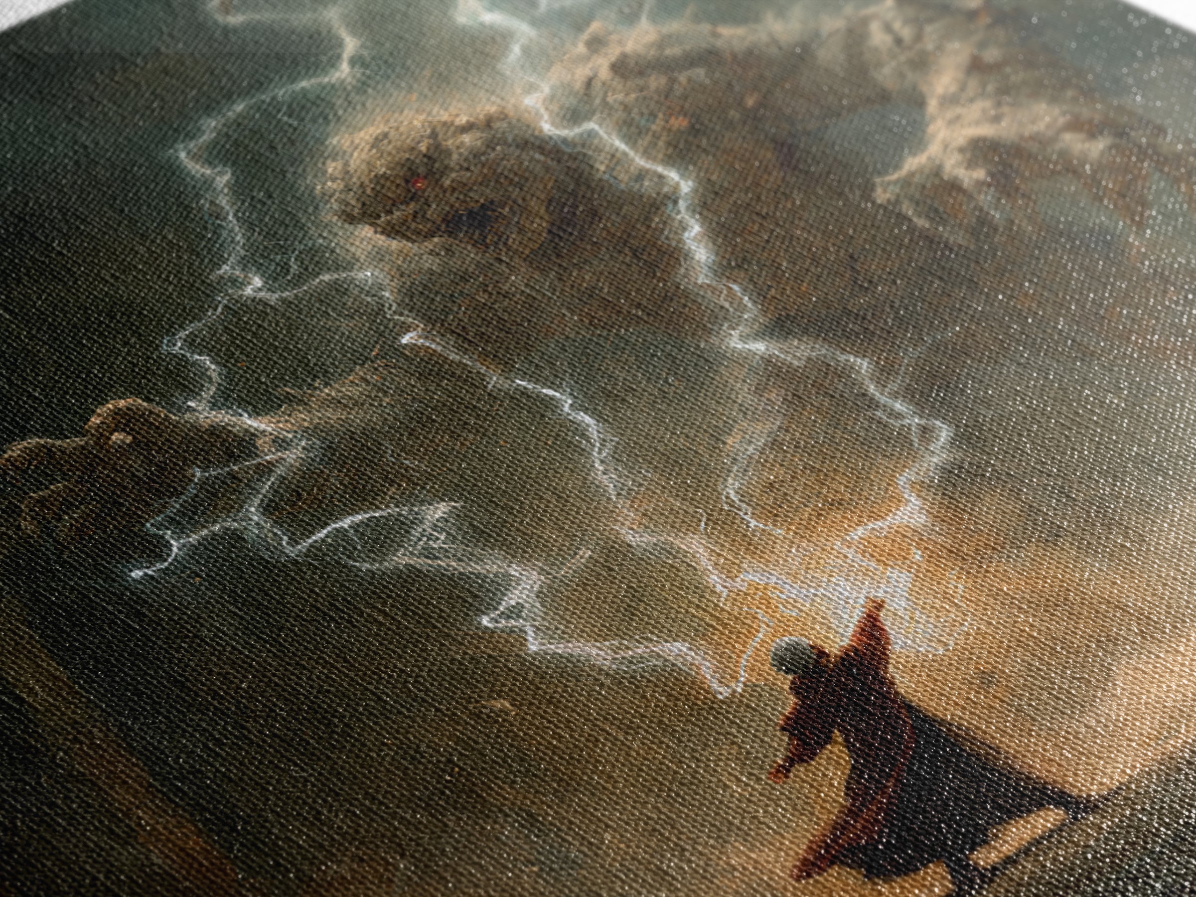 Wizard Battling Lightning Stone Golem Wall Art, Dark Fantasy Canvas Print, Magic Ruins Decor, Epic Sorcerer Art Gift Print