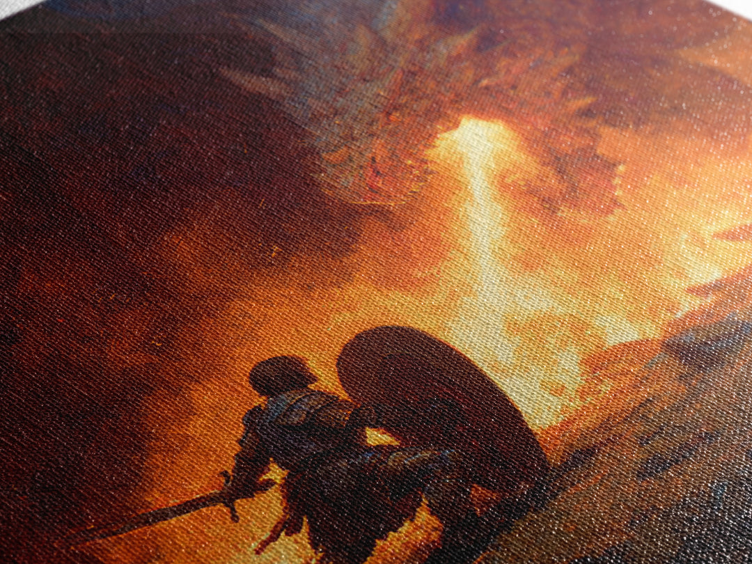 Knight Shielding From Dragon Fire Wall Art, Fantasy Canvas Print, Medieval Battle Decor, Gothic Warrior Gift For Him Print